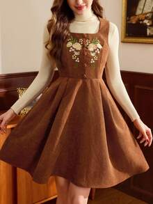 Vintamour Vintage Elegant Women's Corduroy Dress With Pockets Floral Embroidery Button Brown Floral,Autumn,Cottage Core,Tea Party Christmas Holiday Outfits - Brown - View 10