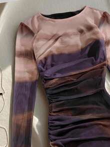 SHEIN PETITE 1 pieza Vestido de tela suave, elástica y de malla con estampado, juvenil para fiestas y vacaciones, vestido largo para mujer