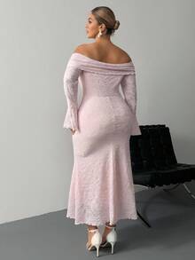 SHEIN PETITE CURVE 大码女式露肩修身长袖喇叭袖优雅连衣裙 - 粉色 - 查看 2