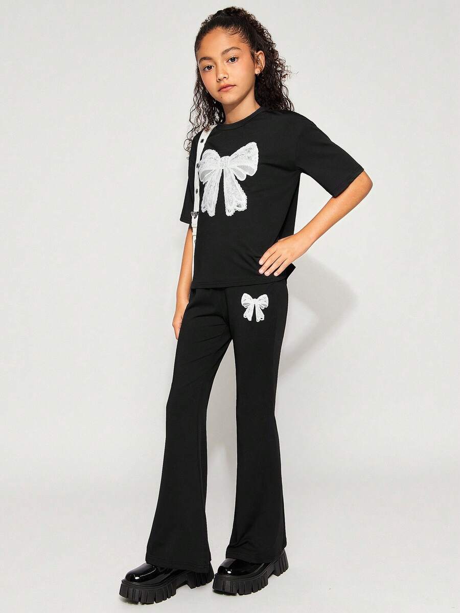 Radiana 2 件 Tween Girl 休闲蕾丝蝴蝶结图案 T 恤和长裤套装，适合春夏季 - 黑色 - 查看 1