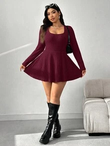 SHEIN EZwear 大码纯色方领连体裤，酒红色，秋季 - 酒紅色 - 查看 6