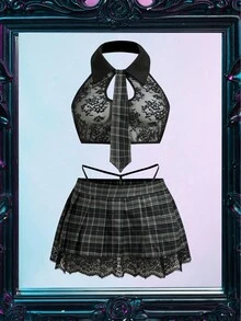 Fantasy Costume Set Lingerie Seksi Motif Renda Patchwork Halloween Ukuran Plus untuk Pelajar, 4 pcs - Hitam - View 7