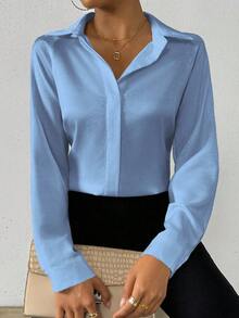 SHEIN PETITE 女式纯色缎面简约不对称下摆衬衫 - 藍色 - 查看 5