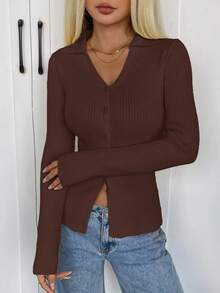 SHEIN EZwear 秋季新款奶油黄色V领修身女士开衫 - 棕色 - 查看 6