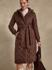 Bóhologie Fashionable Belted Snap Button Keeping Warm Padded Coat - Brown - View 1