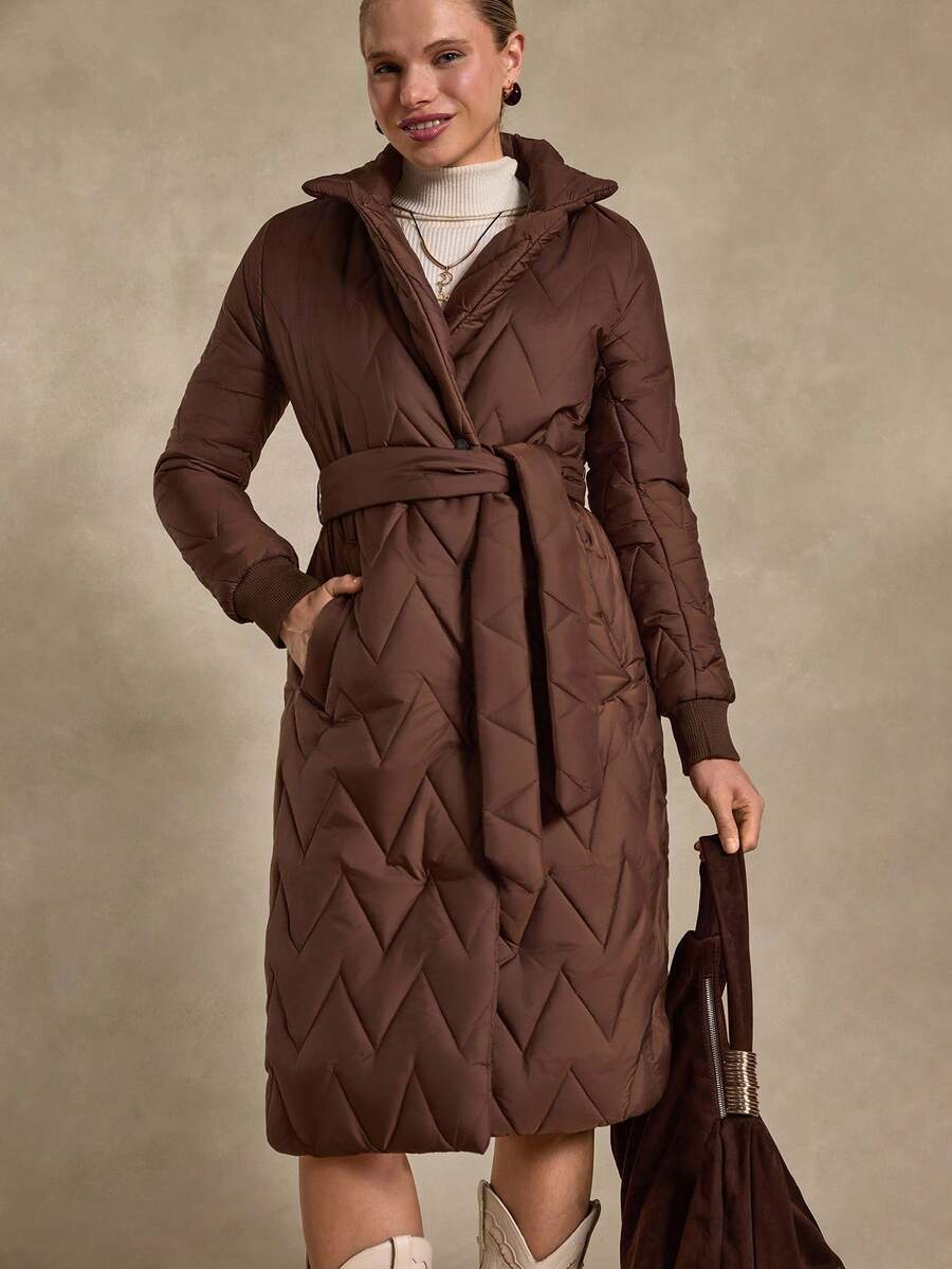Bóhologie Fashionable Belted Snap Button Keeping Warm Padded Coat - Brown - View 1