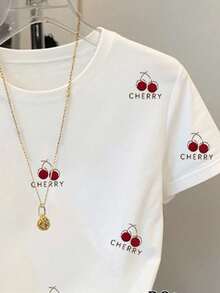 Resyla 女士休闲樱桃刺绣短袖T恤，夏季 - 白色 - 查看 3