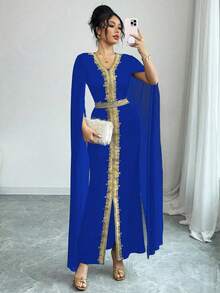 Chiquease 刺绣金色编织腰带 V 领收腰开衩袖女式紧身连衣裙 - 藍色 - 查看 1