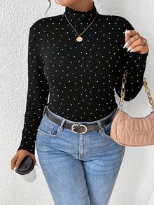 SHEIN Frenchy 大码女式休闲简约全宽白色波尔卡圆点印花图案高领长袖 T 恤女式黑色 T 恤长袖上衣女式长袖上衣波尔卡圆点上衣 - 彩色 - 查看 6