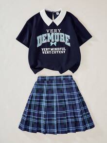 SHEIN Explorewe 2pcs Set Vintage Academic Style Plaid Pattern T-Shirt With Pleated Skirt, Suitable For Girls, Summer School & Casual Wear
