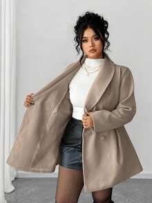 Elenzga Plus Size Fashionable Versatile Double-Breasted Overcoat, Autumn/Winter - Khaki - View 7