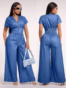 Radiana Women's Sexy Casual Denim Effect V-Neck Jumpsuit, Loose Wide Leg Pants Button Down Jumpsuit V Neck Jumpsuit Wide Leg Jumpsuit - Blue - View 2
