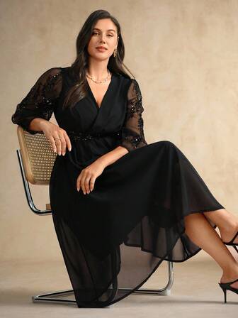 Flouryn 大码女式优雅 V 领亮片蕾丝拼接长袖、收腰 A 字型长款黑色雪纺超长连衣裙，适合派对、聚会