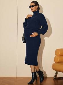MaterniWear Maternity Work Clothes,Maternity Work Outfits, Maternity Work Knit Dresses ,Office,Business Casual Woman,Fall Clothes,Autumn Clothes,Maternity Autumn Clothes Maternity Maternity Solid Color Turtleneck Knit Dress, Autumn/Winter Maternity Sweater Dress Knit Maternity Dress Ribbed Knit Dress Turtleneck Sweater Dress Midi Sweater Dress - Navy Blue - View 10