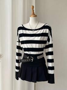 Comfortcana Women's Striped Round Neck Drop Shoulder Long Sleeve Casual Waist Fitted T-Shirt - Black - View 3