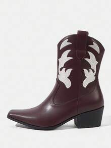 Styleloop Botas de tacón grueso con punta cuadrada y bordado blanco de PU para mujer, de estilo fashionable, adecuadas para Halloween, Navidad, fiestas, festivales de música, otoño y uso diario - Marrón Chocolate - Ver 2