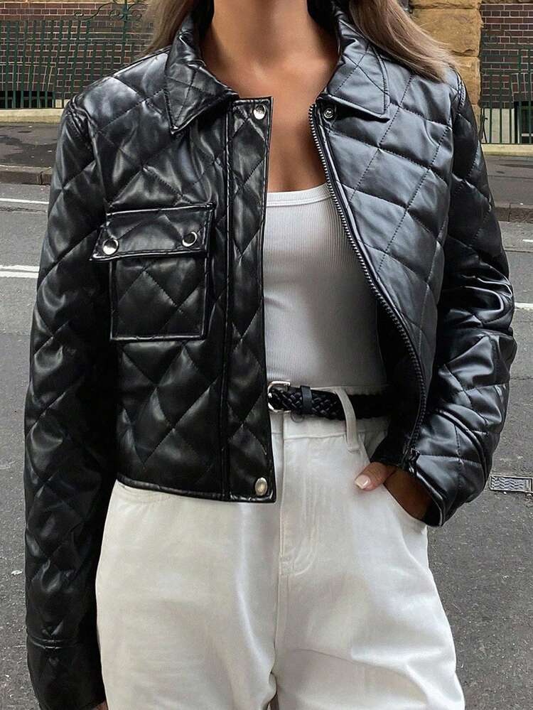 Women's Autumn/Winter Diamond Pattern Short Regular Collar Motorcycle Style Glossy Fitted Jacket Leather Jacket Women Coats