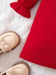 SHEIN 年轻女孩优雅可爱红色针织蝴蝶结长袖连衣裙 - 紅色 - 查看 6