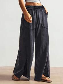 Bohemela Quần nỉ dệt kim rộng rãi màu trơn thường ngày dành cho nữ - màu đen - Xem 6