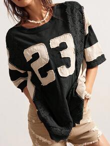 Bohemela Áo thun nữ tay ngắn cổ tròn, dáng rộng, màu trơn, họa tiết ren vá, phong cách Boho Vintage Casual - Đen và trắng - Xem 1
