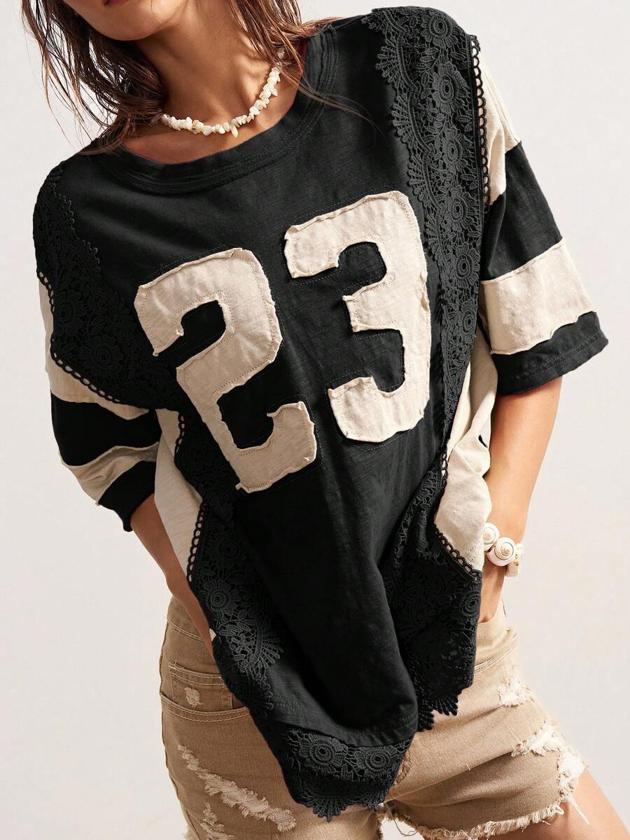 Bohemela Áo thun nữ tay ngắn cổ tròn, dáng rộng, màu trơn, họa tiết ren vá, phong cách Boho Vintage Casual - Đen và trắng - Xem 1