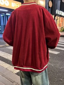 Claim Dot 宽松版型男式字母图案条纹落肩棒球夹克灯芯绒字母街头风夹克，秋冬，垃圾摇滚 - 紅色 - 查看 2