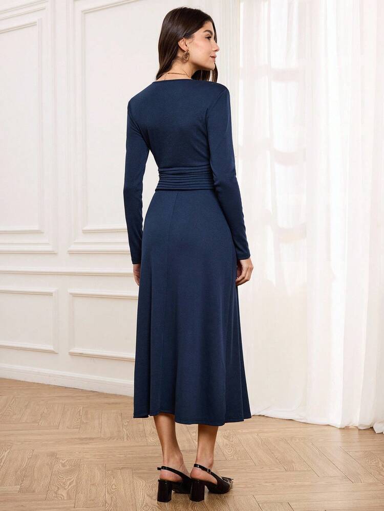 2025 Autumn And Winter New Elegant Casual Slim Olive Green V-Neck Long-Sleeved Metal Button Decorated Women Sweater Dress, Suitable For Business Casual Woman,Parties And Daily Outings,Halloween,Christmas, Night Out,Wedding Guest Dress,Birthday Dress,Brunch Outfits For Women,Daily Outings,Teacher Outfits -A,Cozy Fall And Winter Clothes For Women