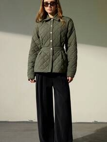 Aveloria Modichic Rhombus Pattern Padded Coat, Fashionable High-End Thick Padded Coat - Green - View 6