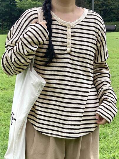 DAZY Plus Size Drop Shoulder Striped T-Shirt With Color Block Design,Fall Clothes,Back To School Clothes Long Sleeve Women Tops