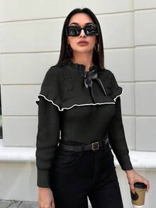 EURMUSE Jersey de manga larga con cordones y ribete de contraste para mujer - Negro - Ver 5