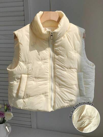 Comfortcana 女士休闲蝴蝶结刺绣无袖夹克，秋冬