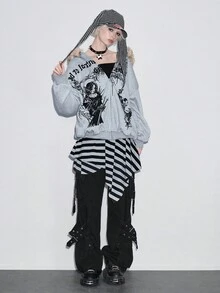 ROMWE Áo nỉ lông cừu in hình đầu lâu chữ đen Halloween kiểu cũ - Xám - Xem 8