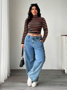 SHEIN EZwear 大码休闲条纹立领短款T恤，秋冬 - 黑色 - 查看 5