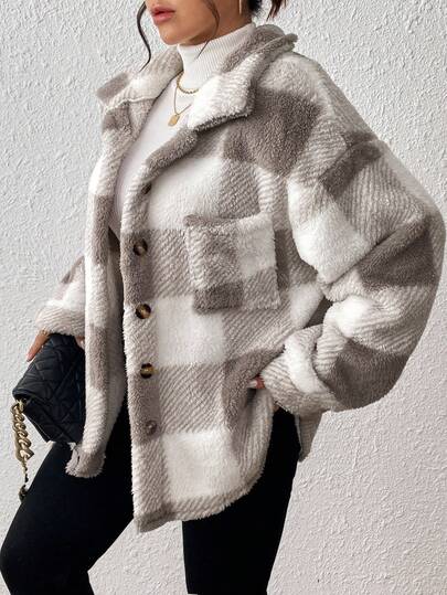 INAWLY Chaqueta de forro polar tipo teddy de talla grande para mujer con bolsillo, estilo casual, de patrón a cuadros, hombros caídos y diseño suelto, para otoño/invierno
