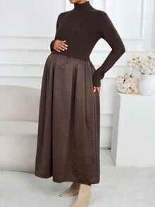 SHEIN 孕妇百褶休闲针织长袖高领连衣裙，秋季 - 咖啡棕 - 查看 5