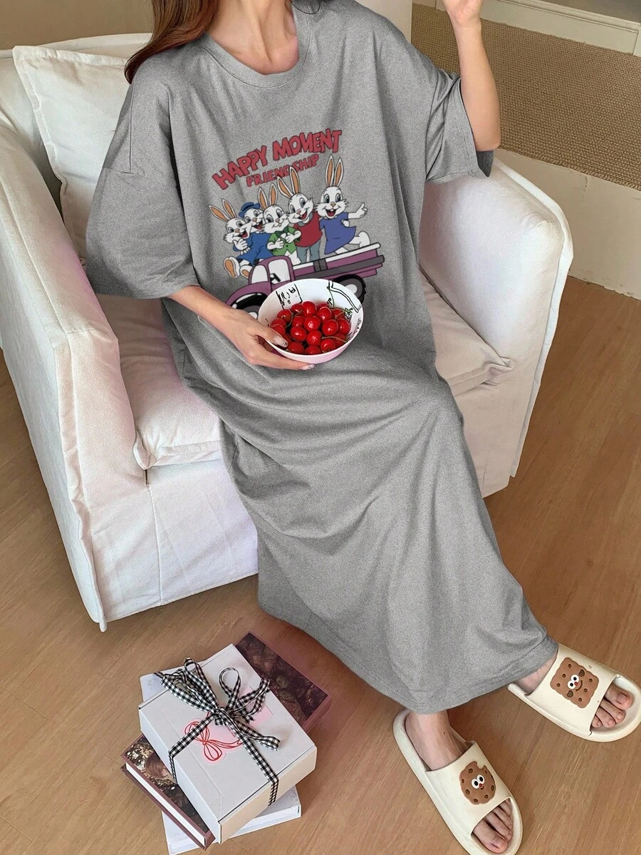 DAZY Rabbit Print Loose T-Shirt Sleepwear, Moo Moo Pajama - Grey - View 1
