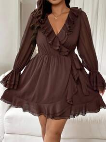 Vionelle 大码女式优雅法式浪漫西西里雪纺交叉裹身系带荷叶边袖下摆长款短款连衣裙，适合休闲、通勤、度假、下午茶、派对 - 棕色 - 查看 5