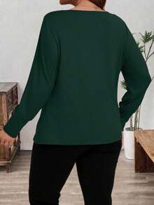 SHEIN Clasi Plus Size Elegant Versatile Solid Color Scoop Neck T-Shirt - Dark Green - View 2