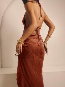 SHEIN Aralina-F Váy maxi nữ dáng suông, cạp cao, xếp ly, có dây rút bên hông và xẻ tà, thích hợp cho kỳ nghỉ. - Màu Đỏ Sâu - Xem 6