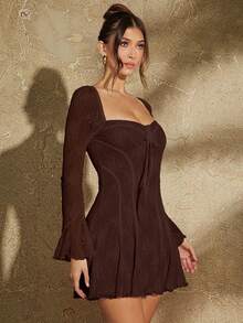 SHEIN BAE 女式蕾丝杯荷叶边下摆连衣裙 - 咖啡棕 - 查看 7