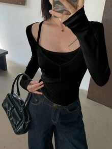 DAZY 休闲百搭纯色修身长袖女式T恤