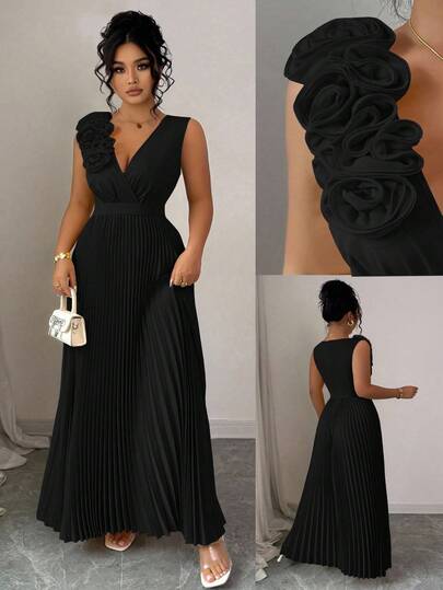 Elenzga Elegancka kremowożółta plisowana sukienka w kształcie litery A w dużym rozmiarze, bez rękawów, z dekoltem w serek, ściągana w talii, wyrafinowana