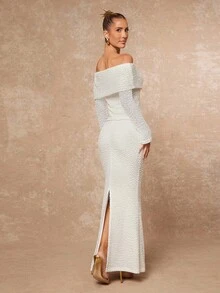 Lumalex 秋冬派对晚宴 优雅复古闪耀假日派对狂欢节郊游度假户外盛宴婚礼季宴会成人礼两件套仿皮草露肩修身长袖低腰鱼尾连衣裙套装，适合女士奢华舞会身份证件、宰牲节派对、新年 - 杏色 - 查看 3