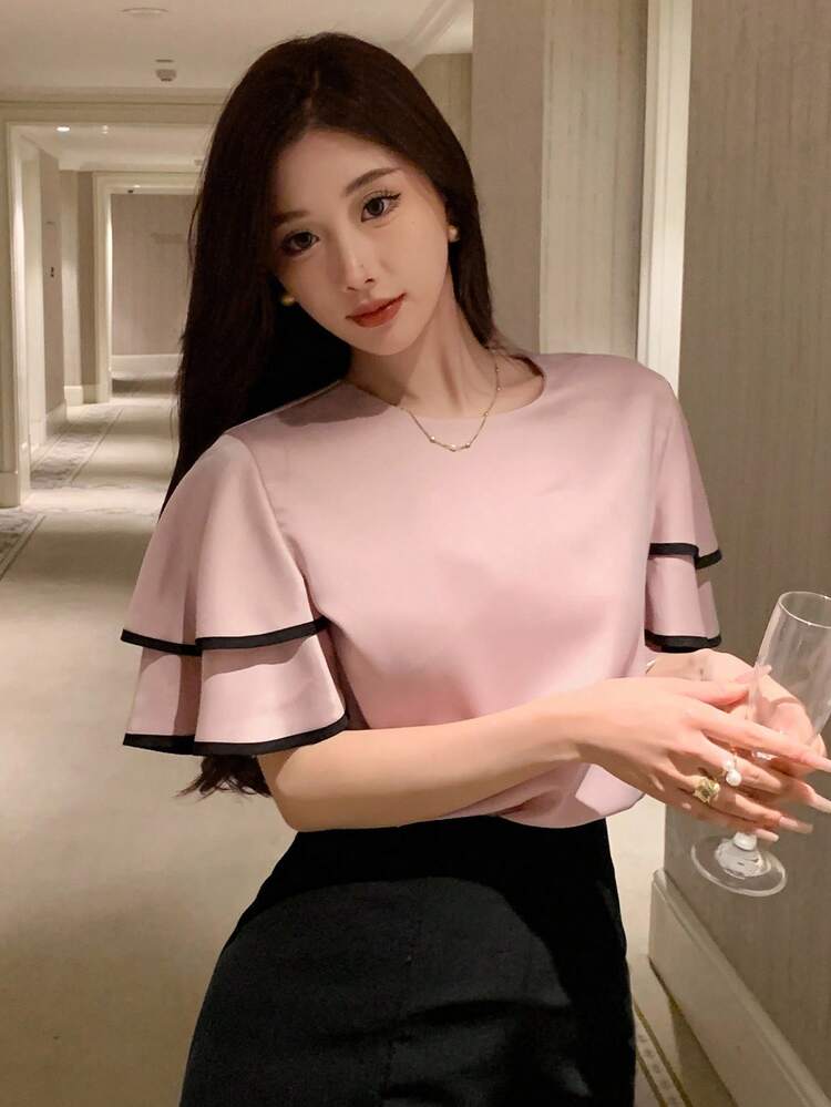 Elegant Women's Double-Layered Ruffle Hem Short-Sleeved Shirt With Contrast Edge Detail And Round Neckline ,New Year Eve,Short Sleeve Tops Summer