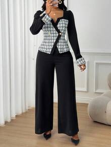 SHEIN Lady Cardigan feminino elegante com blocos de cores e calças largas, conjunto de 2 peças, tecido de outono para mulheres 2025 - Multicolorido - Ver 3