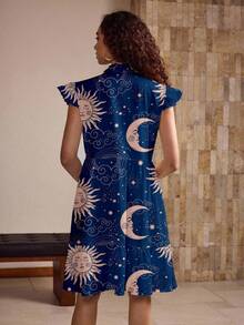 Shutterstock Glamance 女士时尚太阳和月亮印花中长连衣裙，秋季印花连衣裙夏季连衣裙太阳和天体连衣裙太阳和月亮连衣裙 - 彩色 - 查看 2