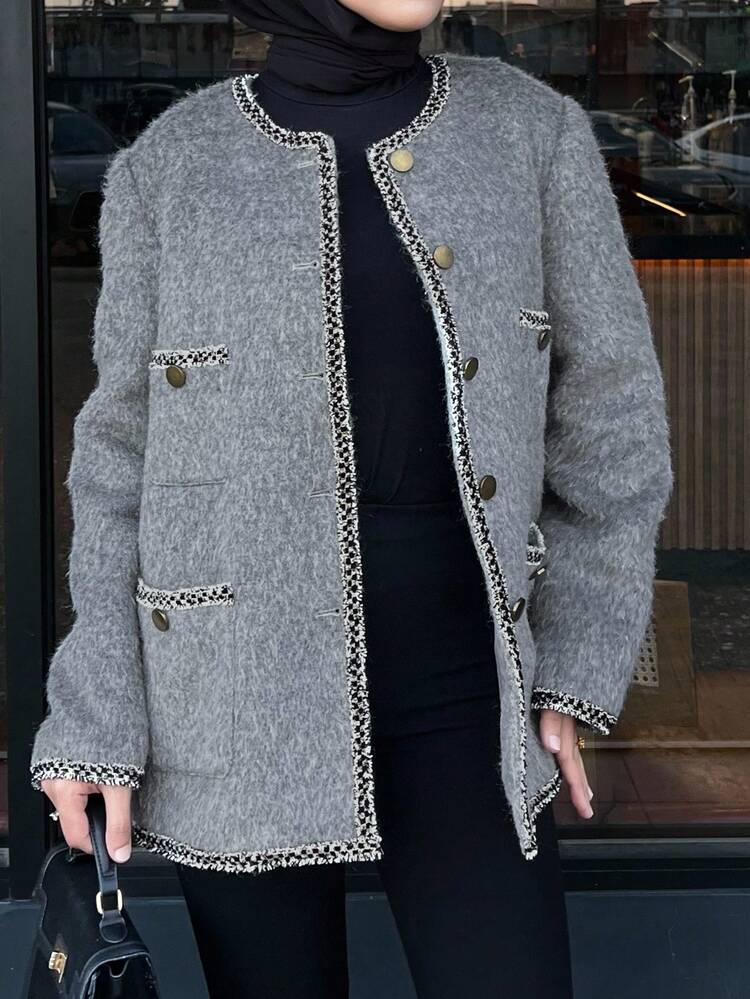 Women's Elegant Color Block Ribbon Collar Pockets Long Sleeve Fitted Thick Woollen Coat, Autumn/Winter Jacket Modest Fashion