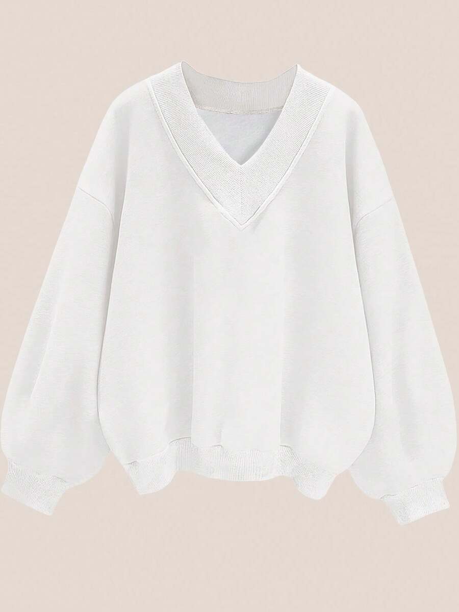 SHEIN EZwear 女士休闲超大V领宽松卫衣，白色，适合秋冬季 - 白色 - 查看 1