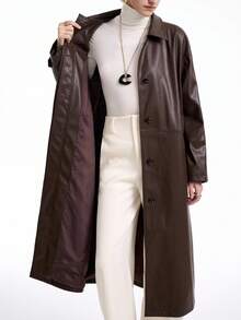 Aalyst Women's Dark Brown Leather Jacket,Chic Autumn Long Over Knee Coat,Shirt Collar,Front Button Closure,Waist Slit,Side Pockets,Office Commute Vintage - Brown - View 8