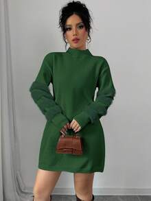 Elenzga Solid Color Casual Long Sleeve Women Sweater Dress - Dark Green - View 6